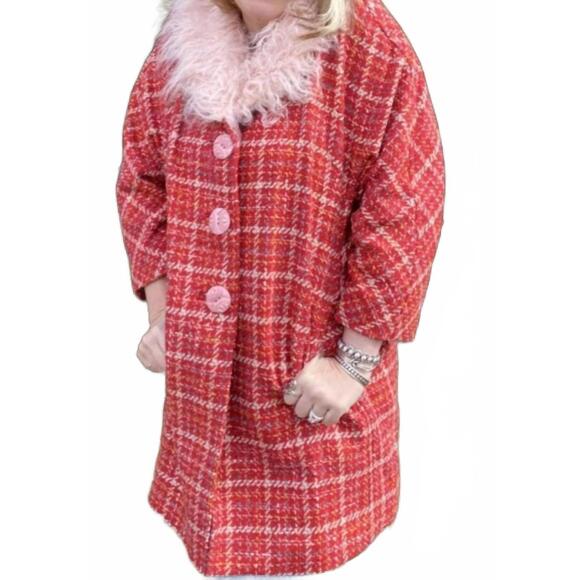 NEW IVY JANE fur collar red tweed coat in red/pink